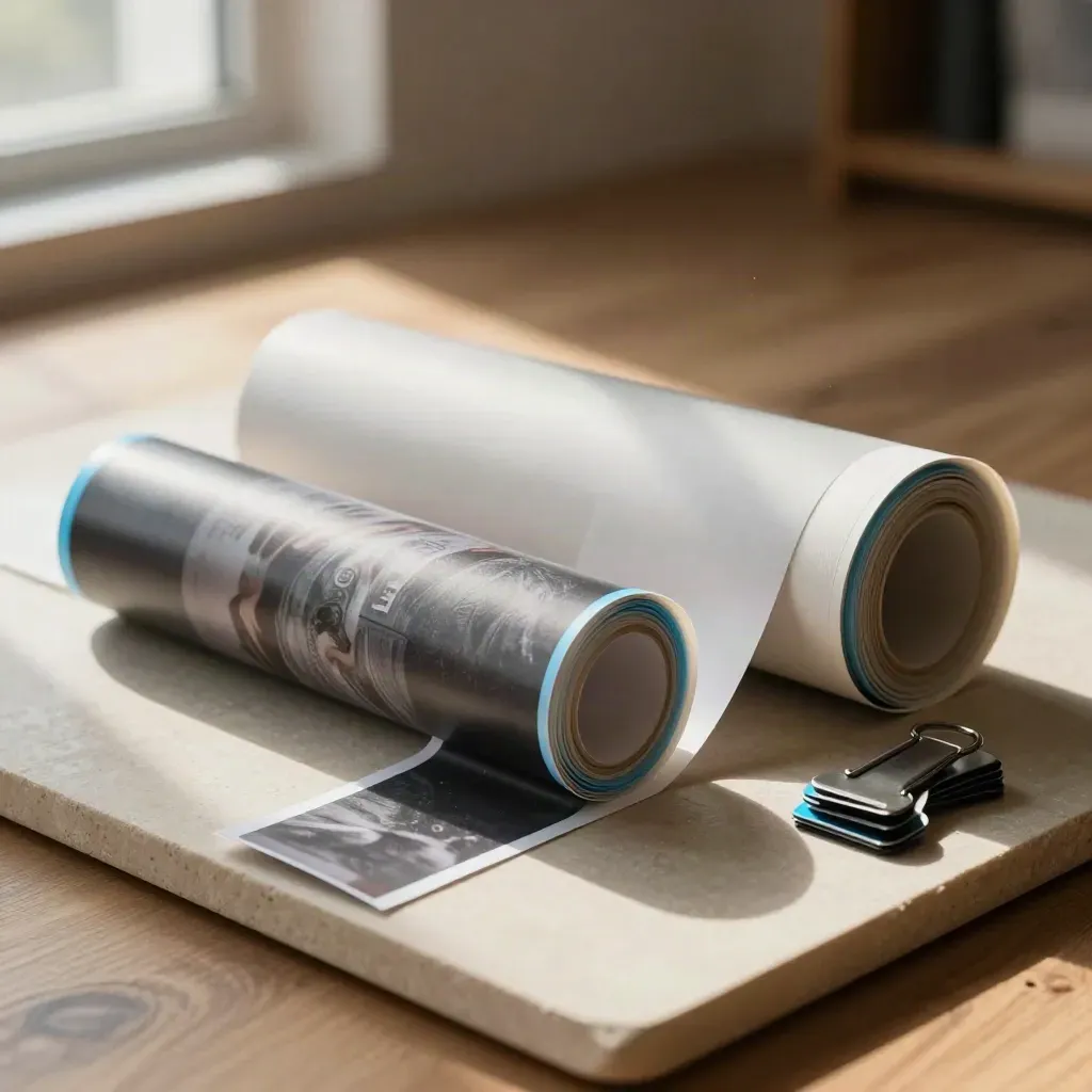 Rolled banner proofs, folded print strip, and spring clips on stone in warm studio light