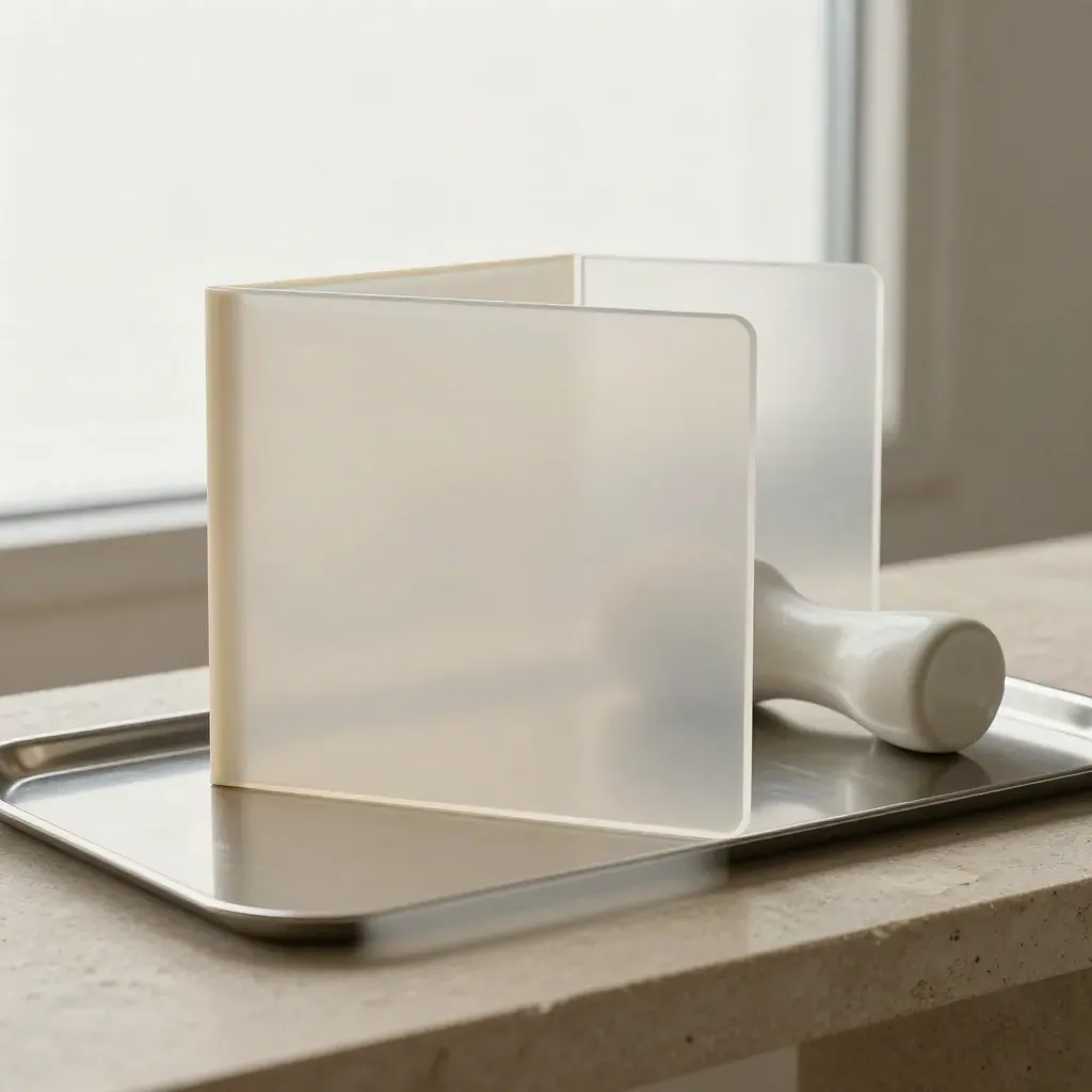 Clinical presentation materials and a ceramic model on a stone table in dramatic light.