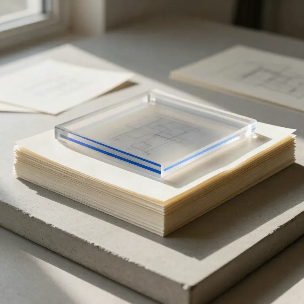 Tracing vellum layers glowing on a frosted acrylic lightbox over pale concrete.