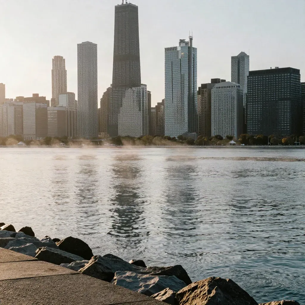 Chicago lakefront skyline above calm silver water in late-day haze