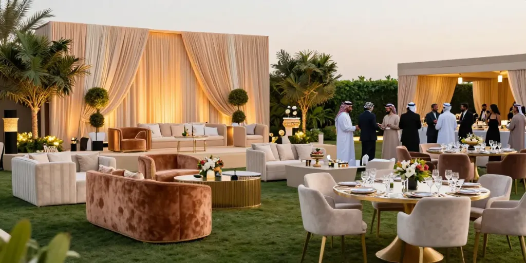Stunning outdoor event furniture rental setup for a luxurious gathering in Saudi Arabia